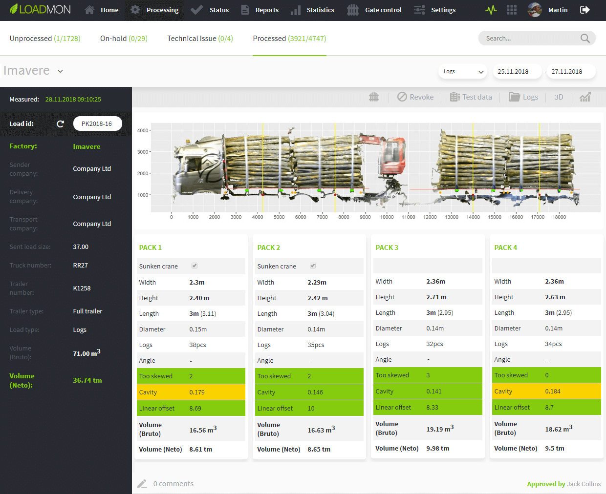 LoadMon web portal - truck with logs